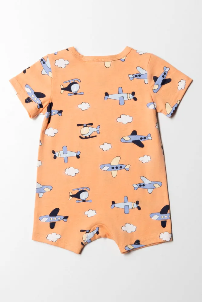 Airplane Basic Romper Boy Orange