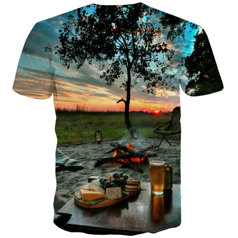 Camping T shirts Men Sunset T-shirts 3d Forest T-shirts Graphic Flame Tshirts Novelty