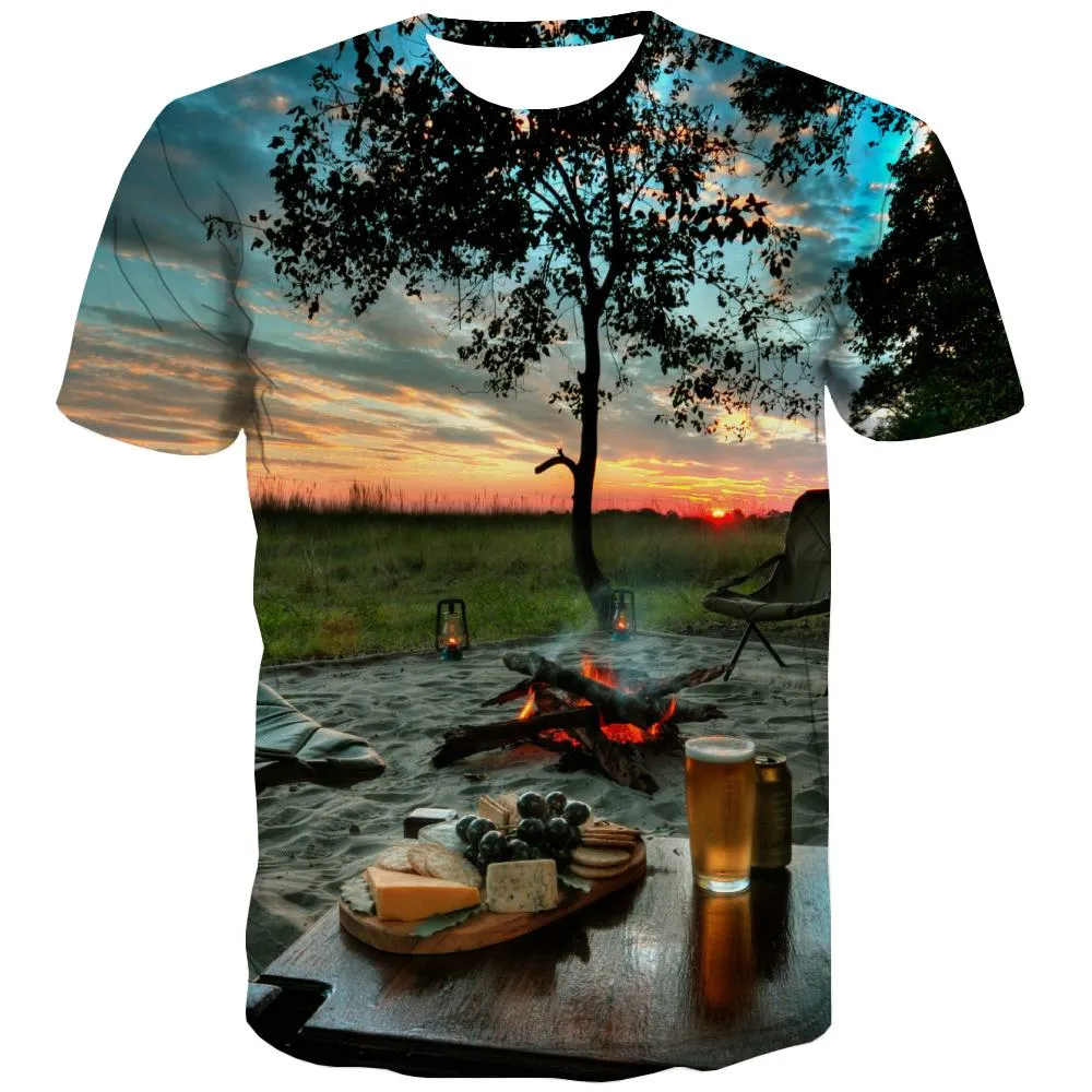 Camping T shirts Men Sunset T-shirts 3d Forest T-shirts Graphic Flame Tshirts Novelty