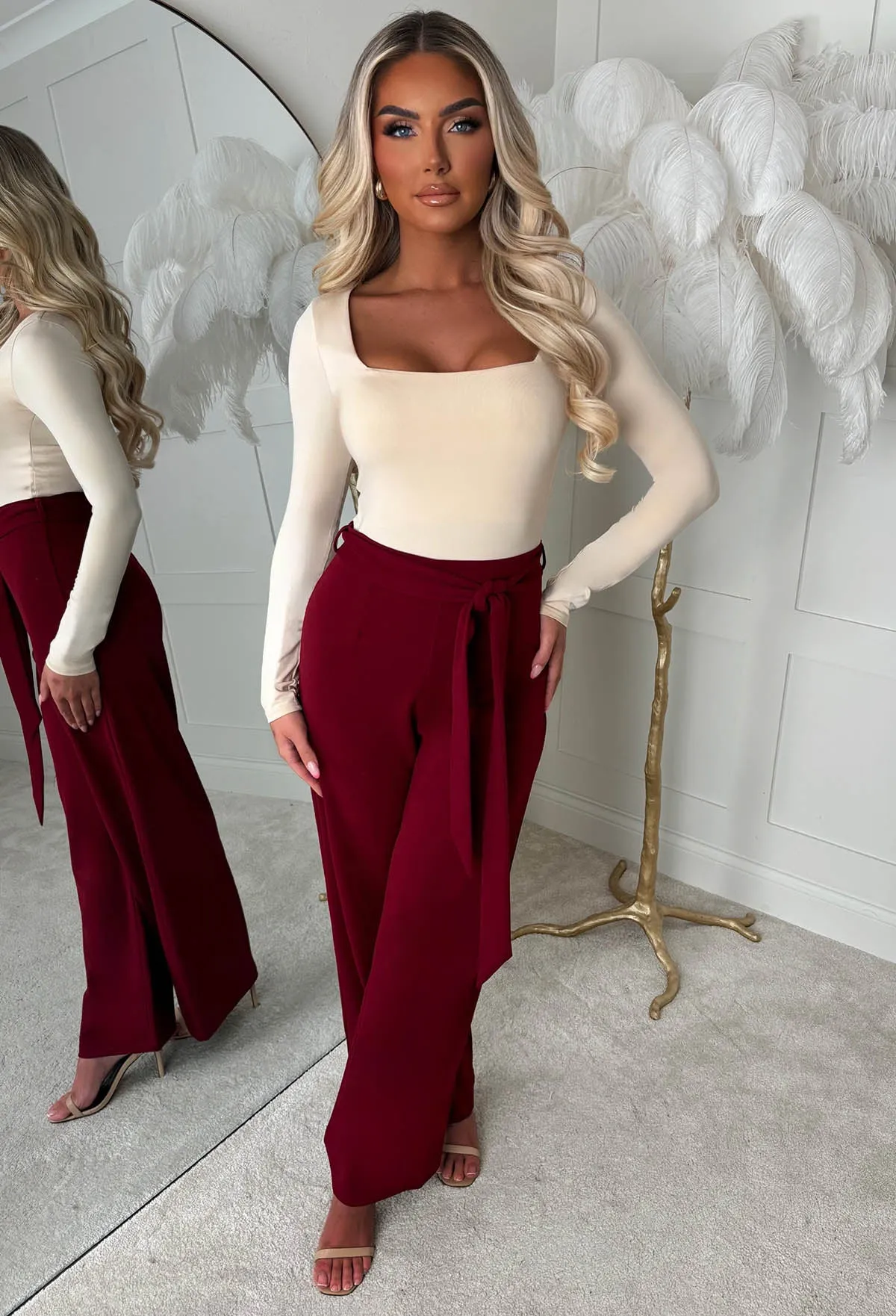 Chic Couture Burgundy Belted Wide Leg Trousers