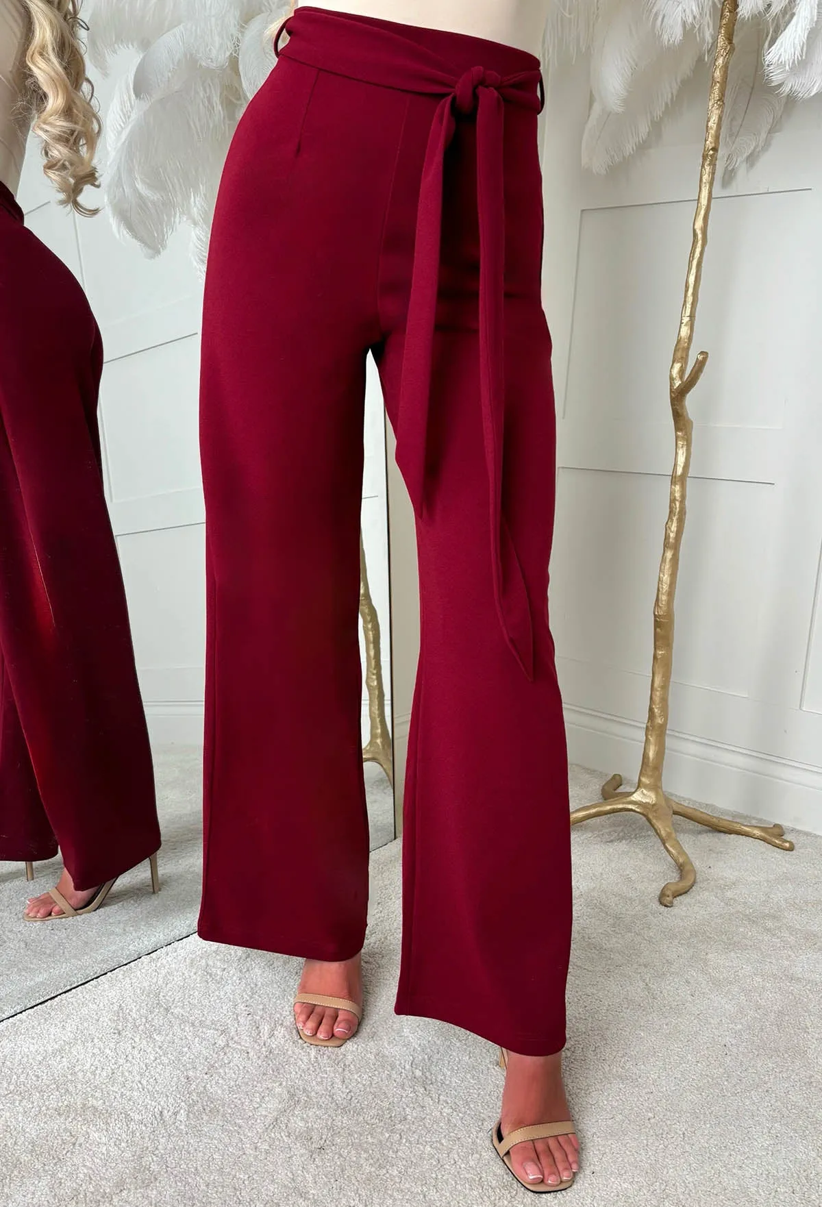 Chic Couture Burgundy Belted Wide Leg Trousers