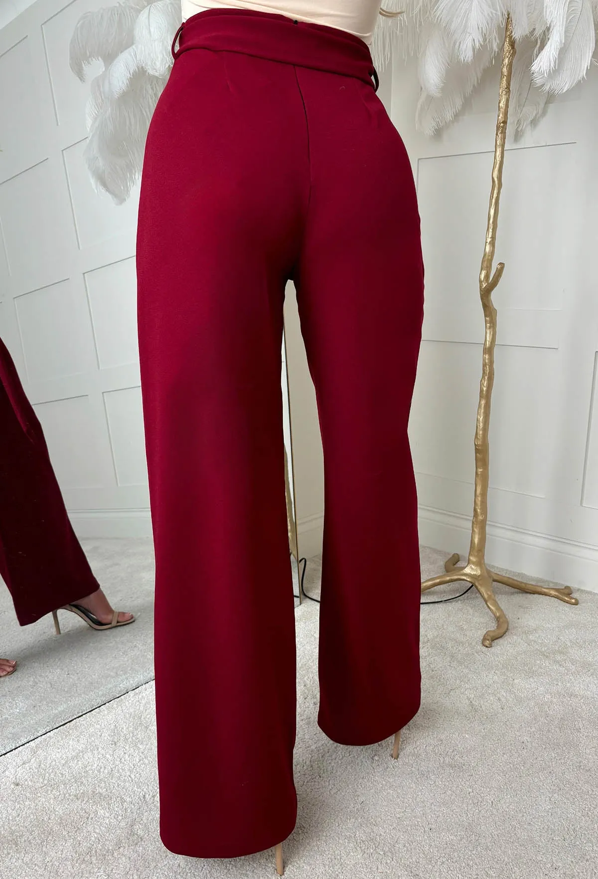 Chic Couture Burgundy Belted Wide Leg Trousers