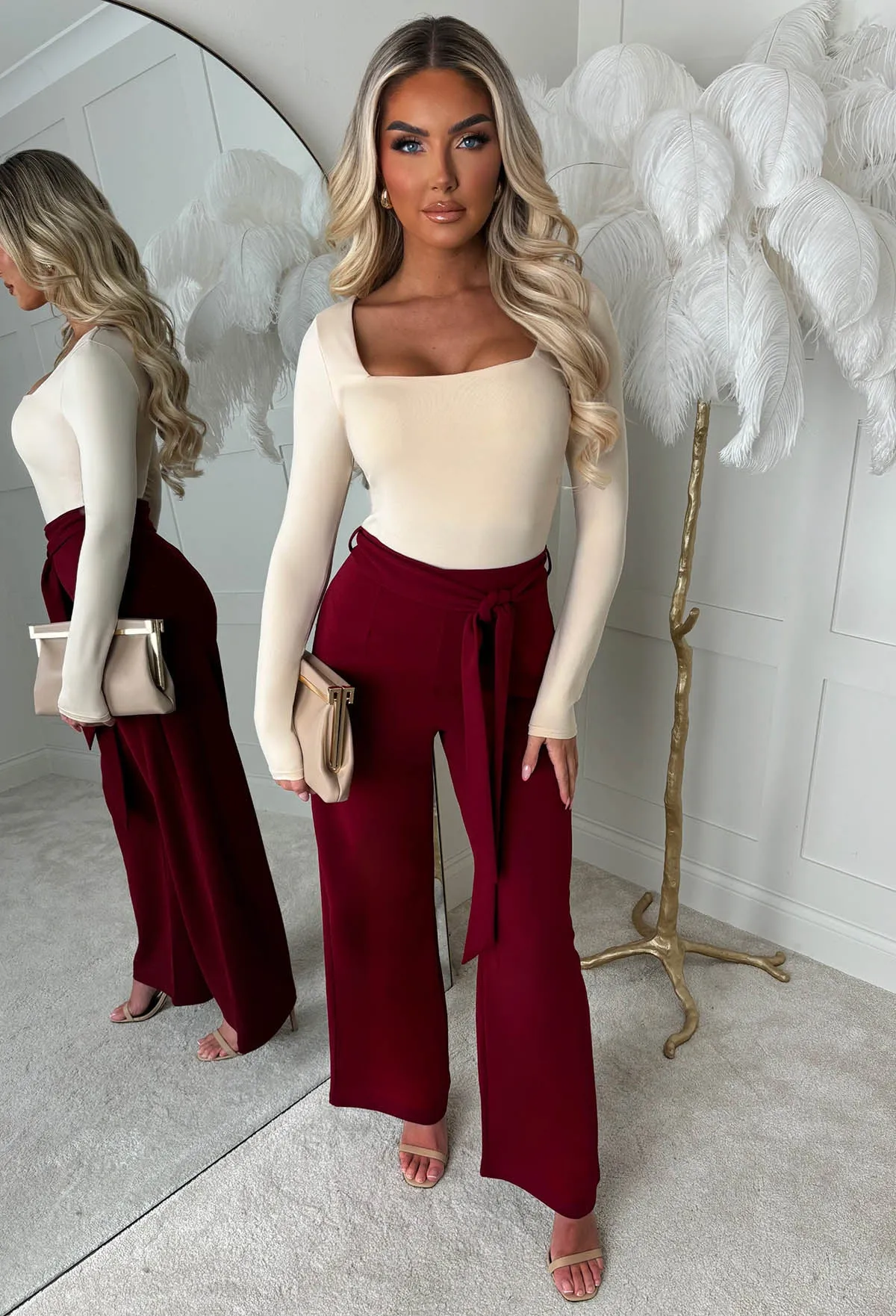 Chic Couture Burgundy Belted Wide Leg Trousers