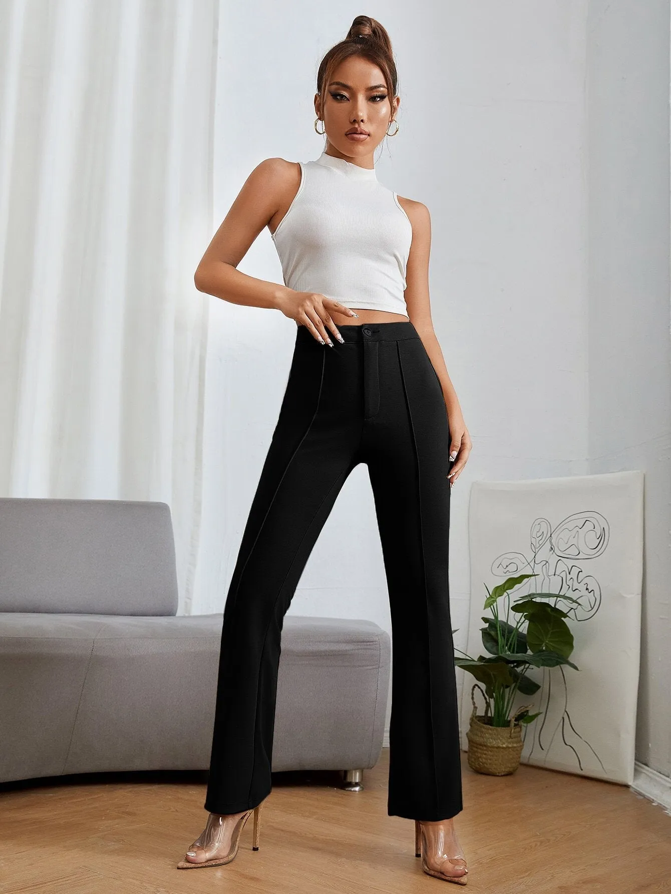 Chic Textured Black Casual Trousers