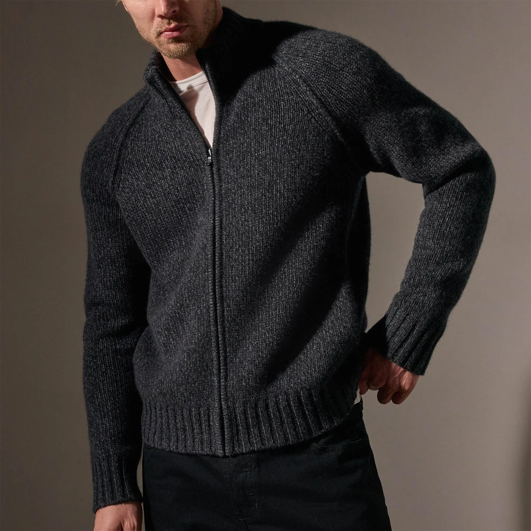 Chunky Cashmere Zip Up - Charcoal Marl