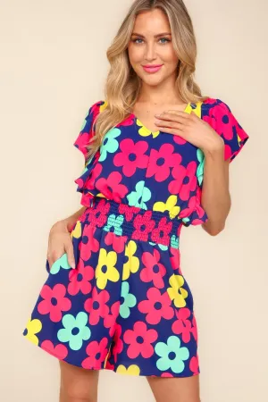 Floral Smocked Waist Romper with Side Pockets