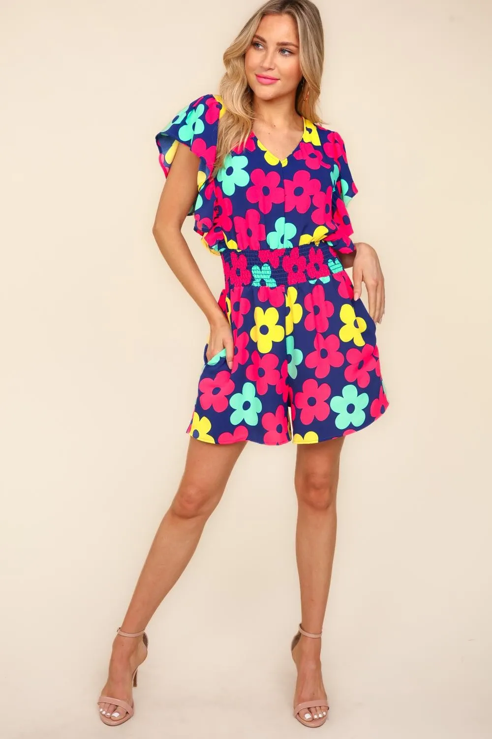 Floral Smocked Waist Romper with Side Pockets