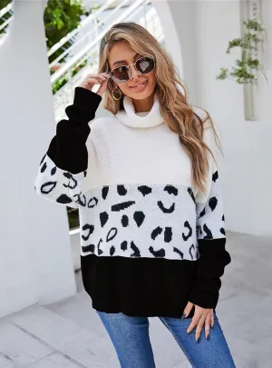 High-necked Printed Leopard-print Loose Sweater