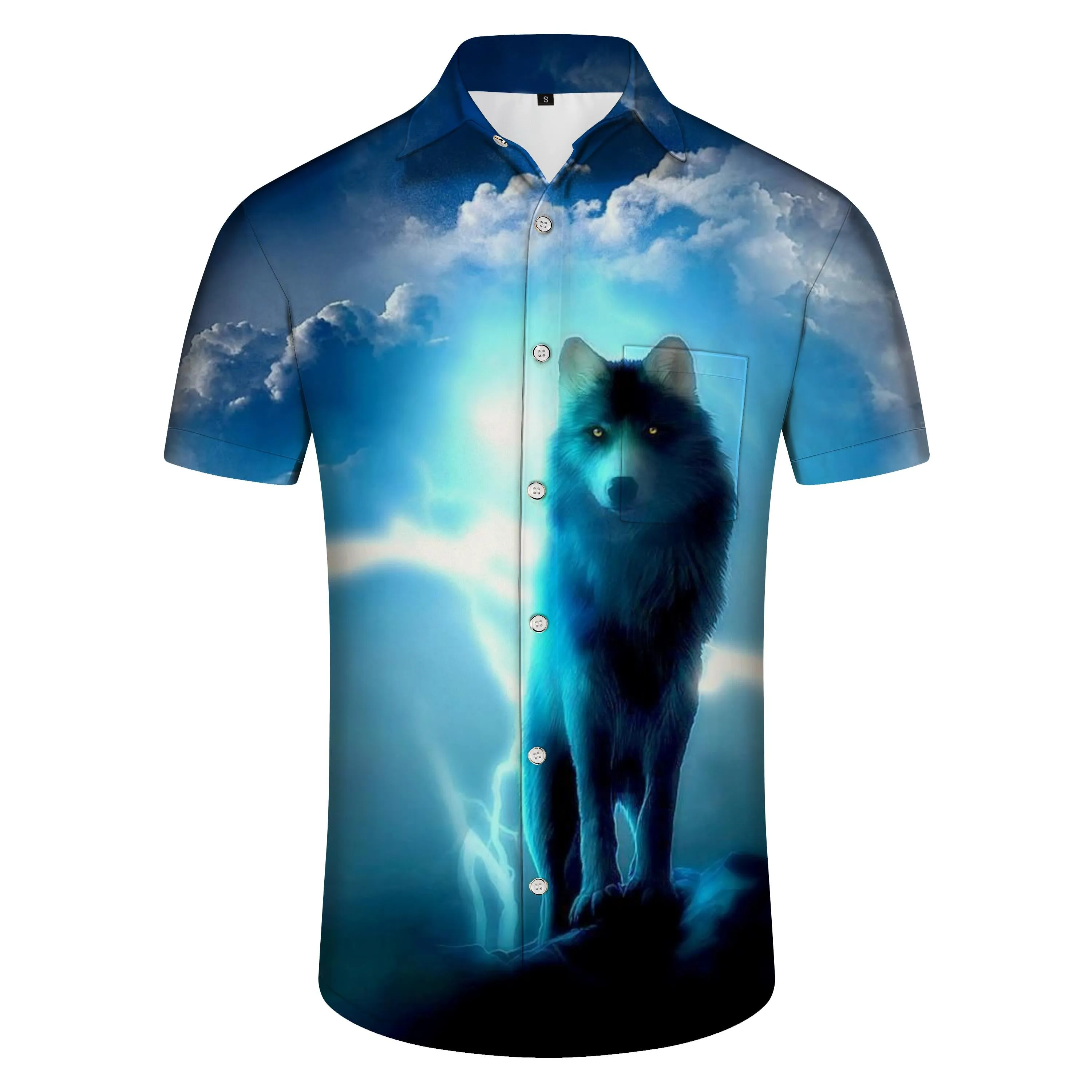 Indoor Men's Flash Wolf 3D Digital Printed Graphic Hawaiian Button Print Short Sleeve Shirt Beach