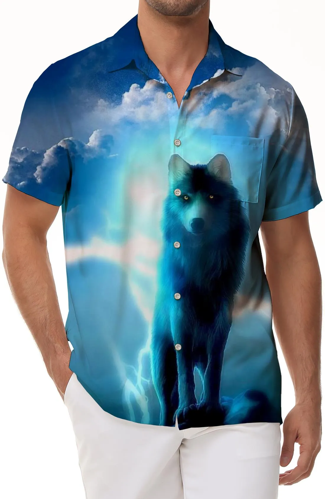 Indoor Men's Flash Wolf 3D Digital Printed Graphic Hawaiian Button Print Short Sleeve Shirt Beach