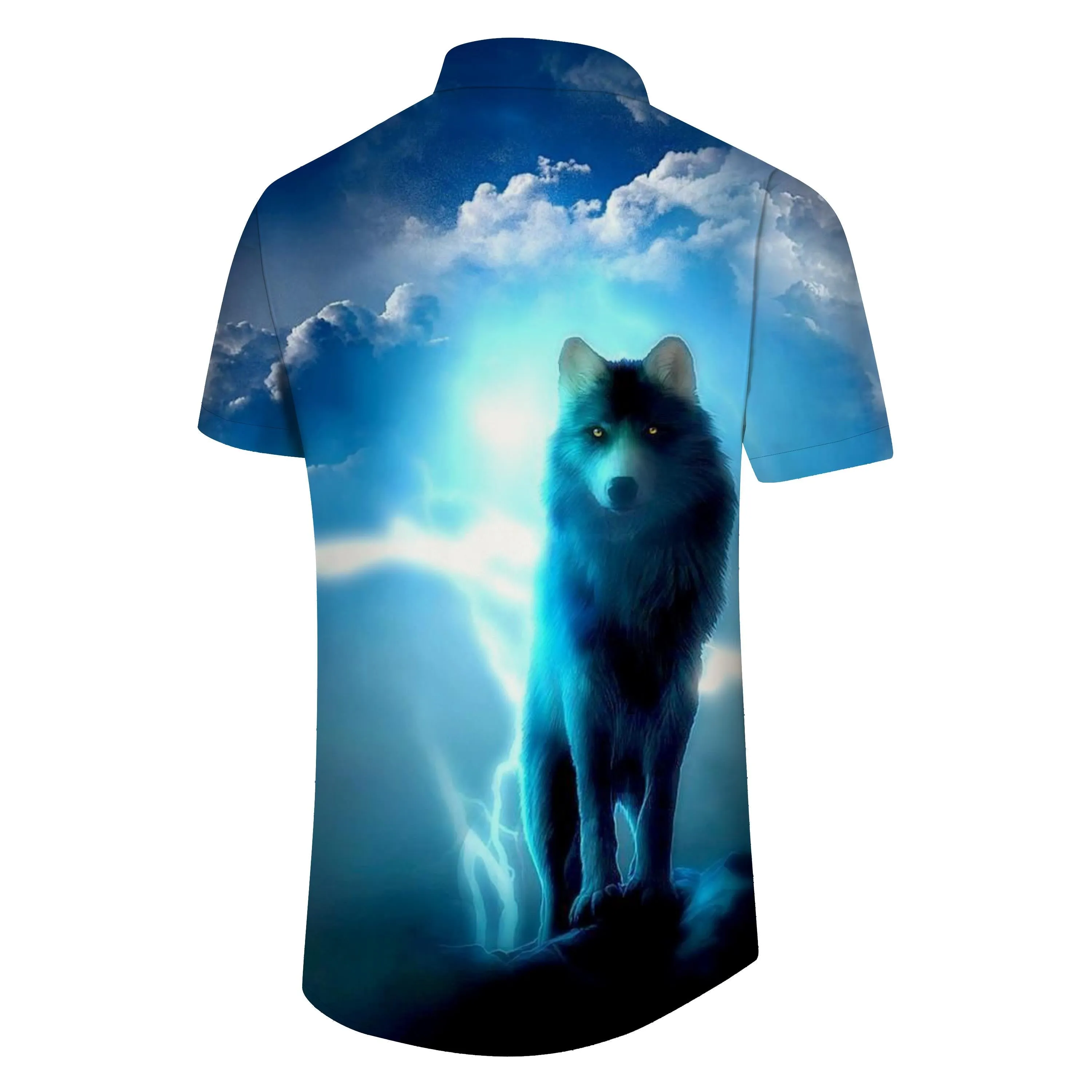 Indoor Men's Flash Wolf 3D Digital Printed Graphic Hawaiian Button Print Short Sleeve Shirt Beach