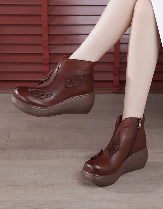 Leaves Decor Waterproof Retro Wedge Boots