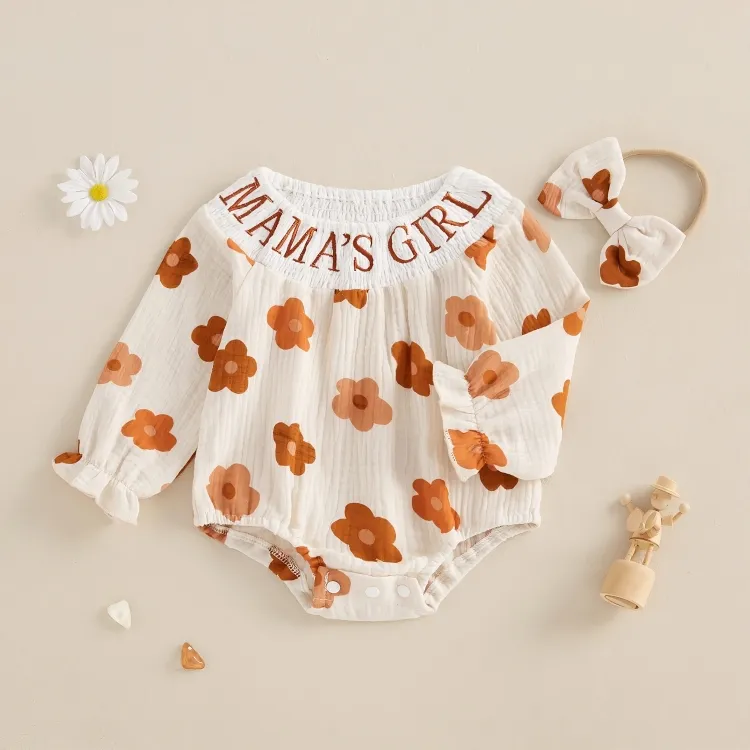 Mama's Girl Embroidered Floral Baby Romper