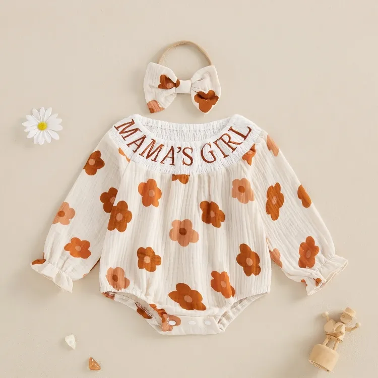 Mama's Girl Embroidered Floral Baby Romper