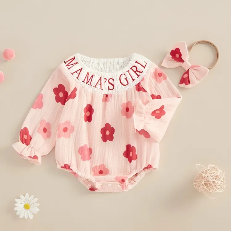 Mama's Girl Embroidered Floral Baby Romper