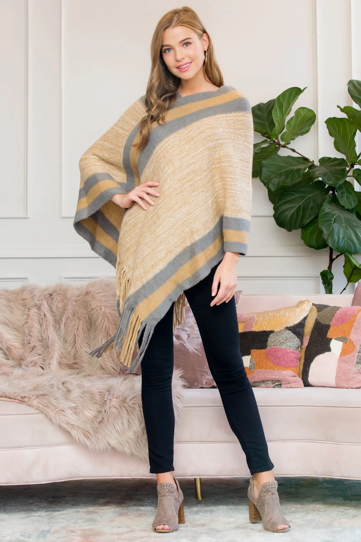 MUSTARD ULTRA SOFT MULTI TONE FRINGE PONCHO/6PCS