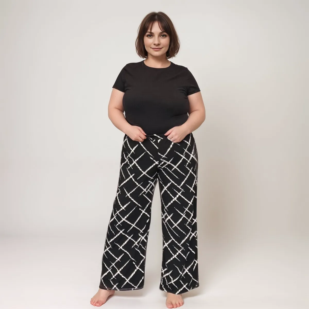 ROCKTHOSECURVES BLACK WHITE ABSTRACT ELASTICATED WAIST PALAZZO TROUSERS