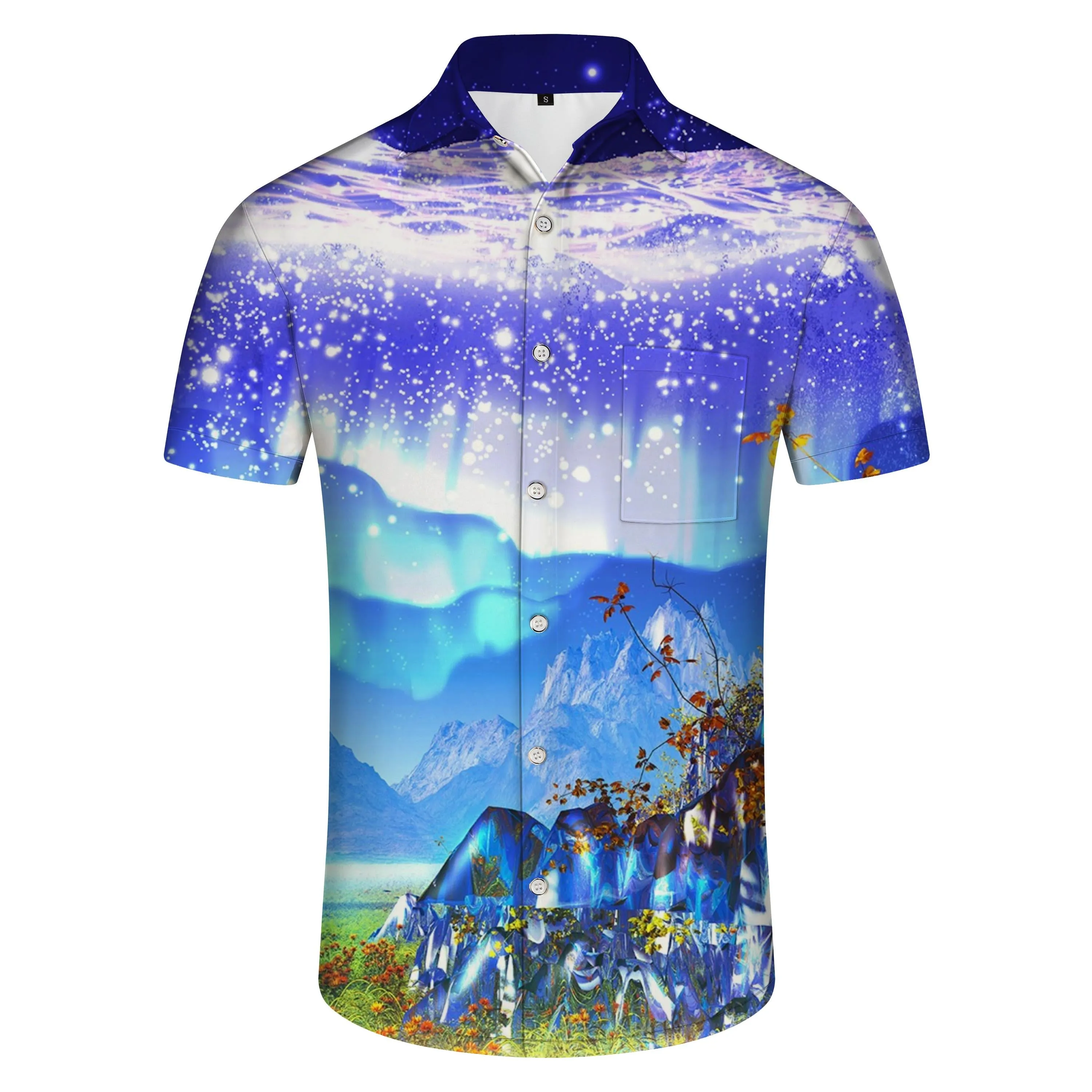 Shiny scenery fun Hawaiian shirts men's casual button tops summer short sleeve shirts