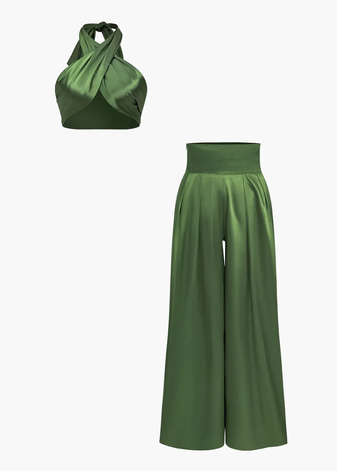 Solid Crossed Backless Top And Wide Leg Trousers Set