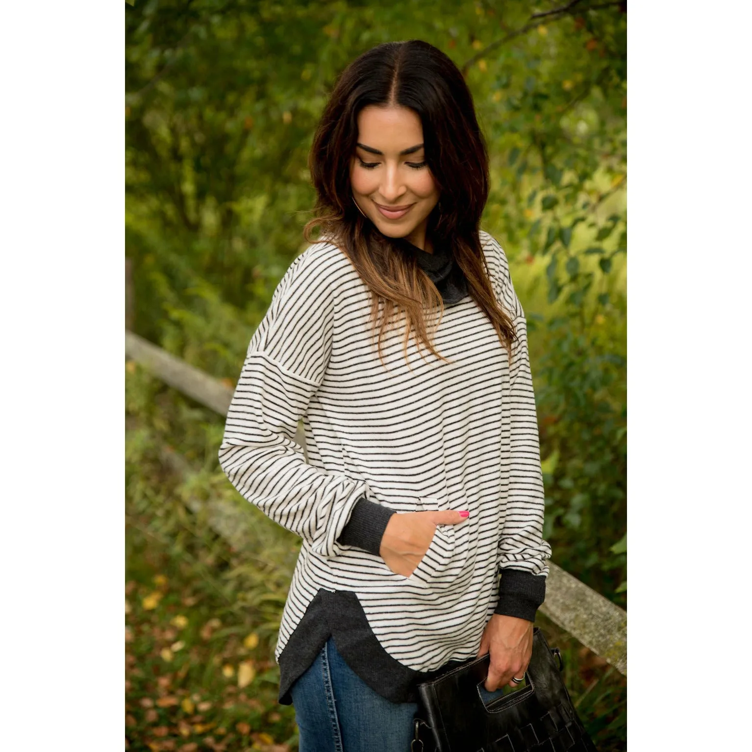 Solid Trimmed Striped Cowl Neck