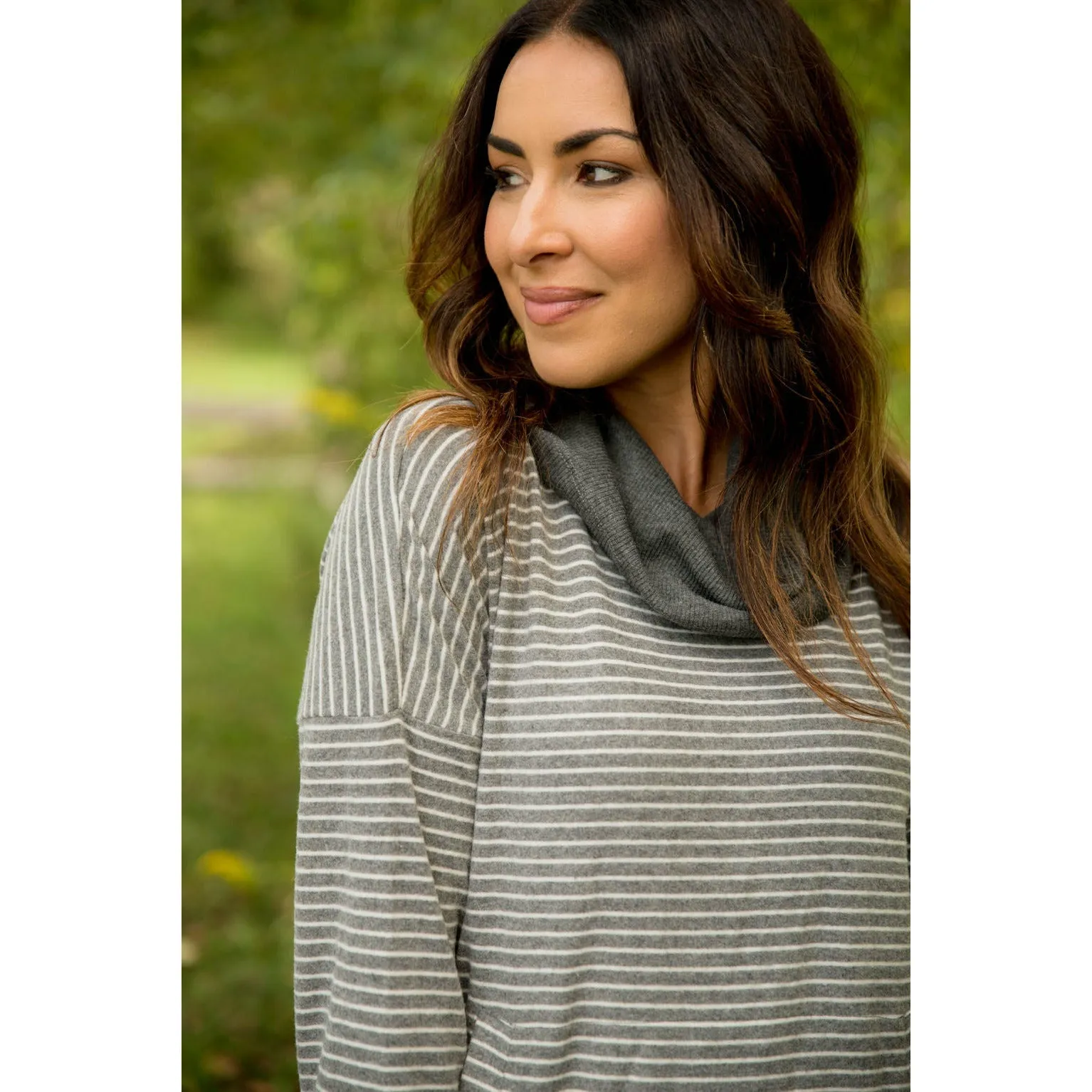 Solid Trimmed Striped Cowl Neck