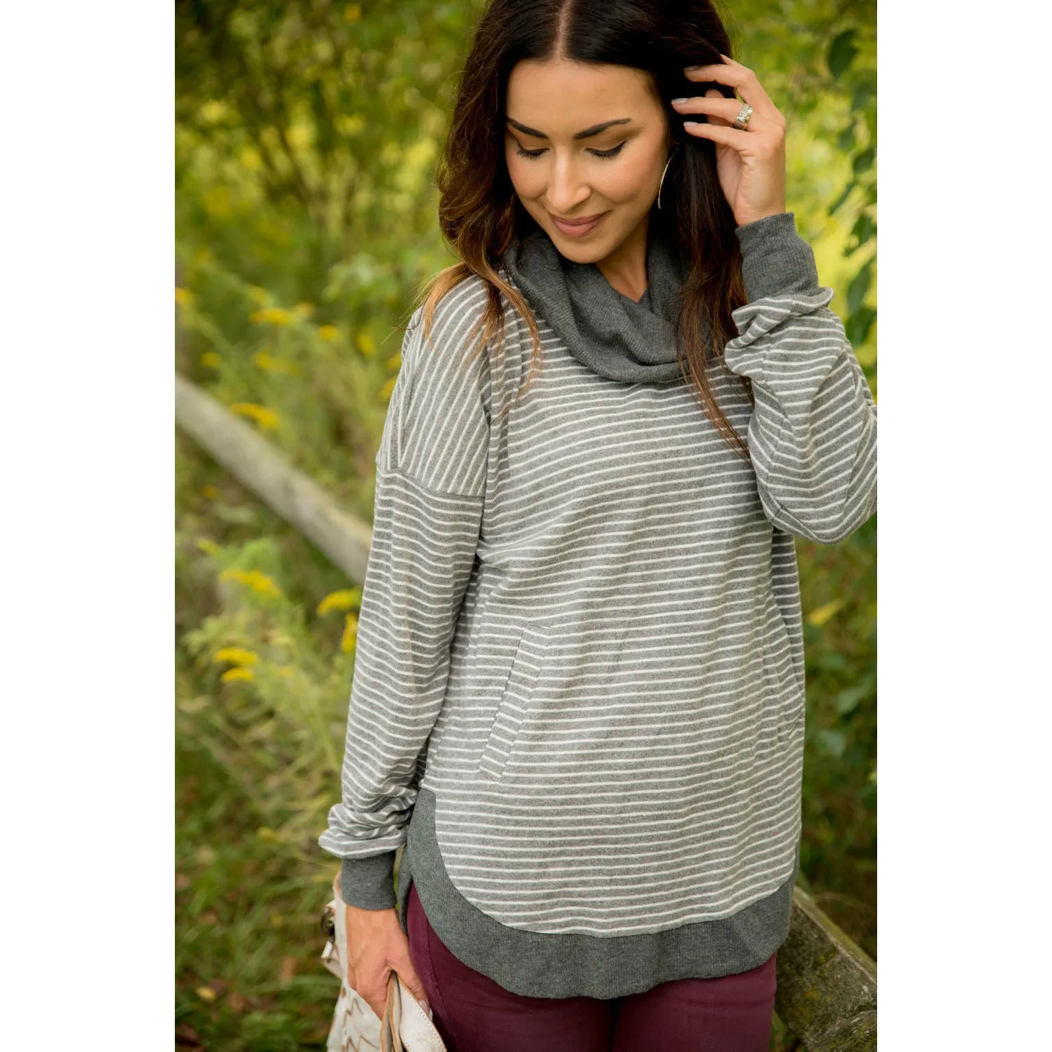 Solid Trimmed Striped Cowl Neck