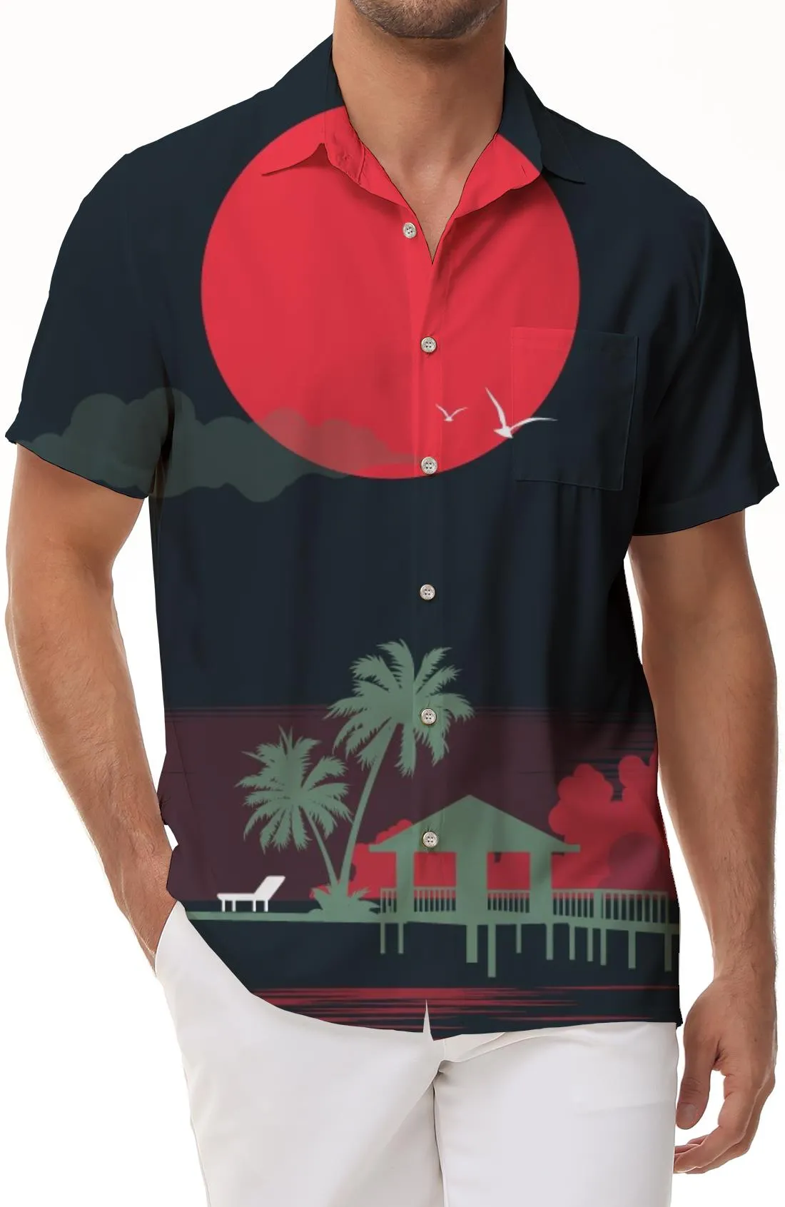 Sunset Tropical Coconut Tree Hawaiian Shirt Short Sleeve Casual Outdoor Men's Lapel Casual Beach Style Shirt Button Vacation Seaside Beach Shirt Black