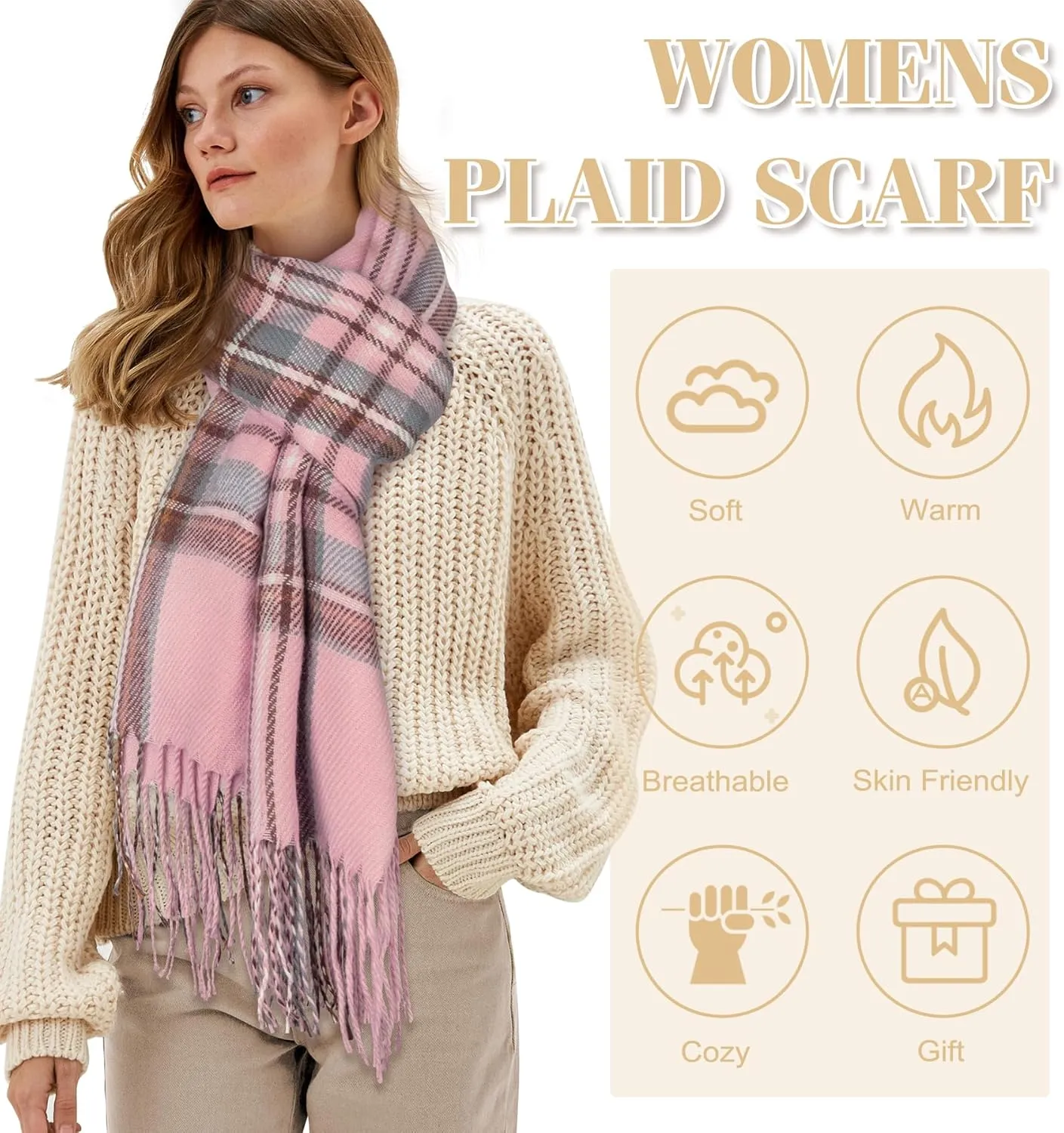 Women's Long Plaid Blanket Chunky Oversized Winter Fall Warm Scarf