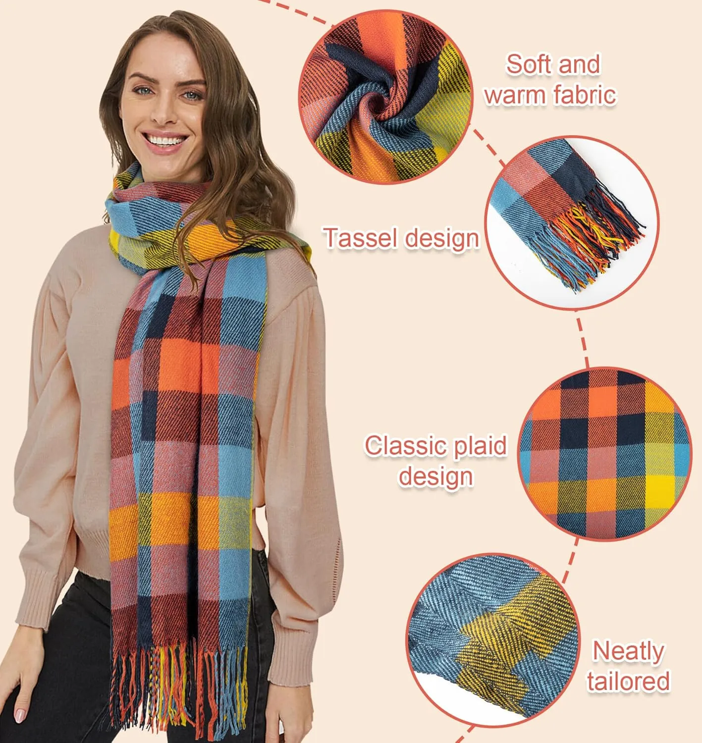 Women's Long Plaid Blanket Chunky Oversized Winter Fall Warm Scarf