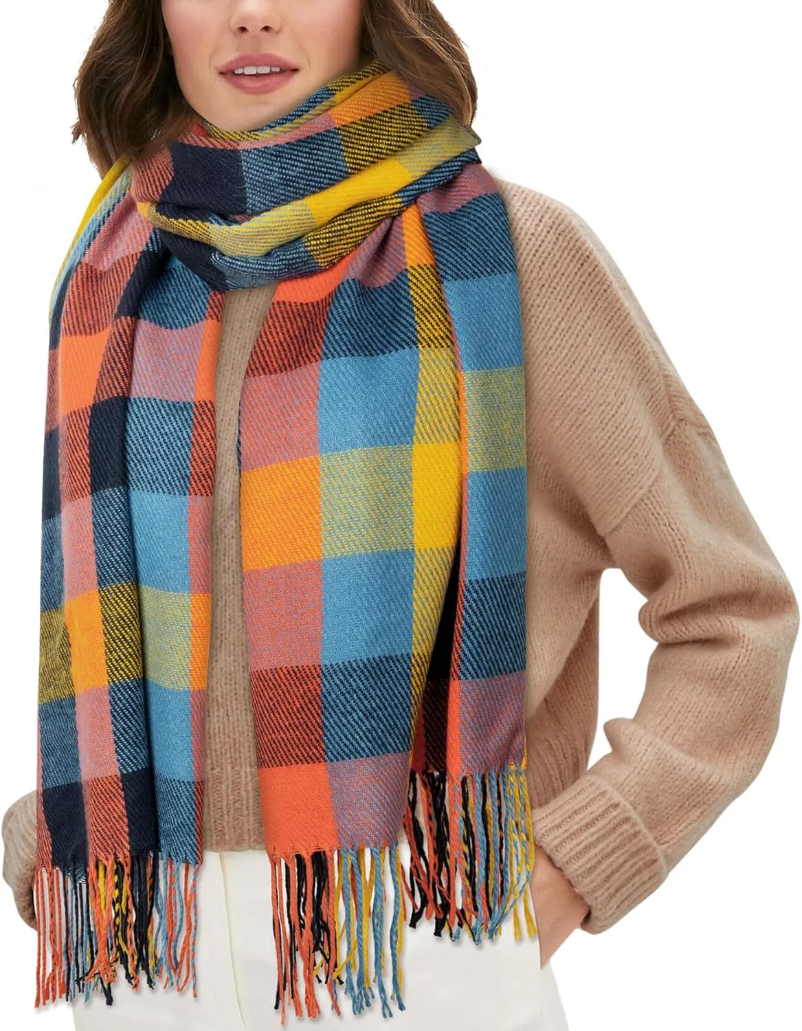 Women's Long Plaid Blanket Chunky Oversized Winter Fall Warm Scarf